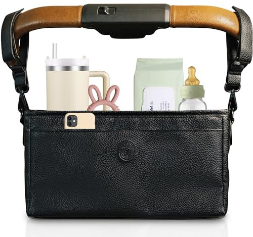 Ohana Essentials Vegan Leather Stroller Organizer with Cup Holder - Universal Stroller Accessory, 4 Pockets, Shoulder Strap, Fits Mockingbird, UppaBaby, Nuna, BOB