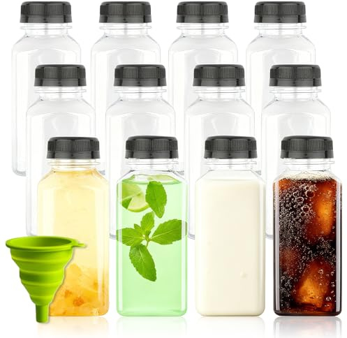 MEETOZ Lot de 12 bouteilles de jus en plastique de 250 ml avec couvercles inviolables, conteneurs réutilisables pour smoothie, lait, jus de fruits, pots à sauce et autres boissons