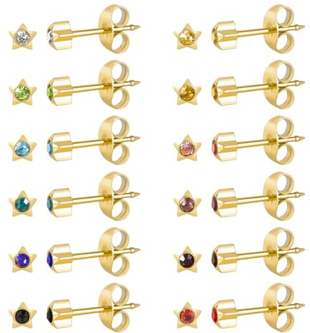 JMFENFA 12 Paar Ohr Piercing Ohrstecker Set, vergoldet chirurgischen Edelstahl Multicolor Birthstone Cubic Zirkonia Ohrstecker für Ohr Piercing Guns