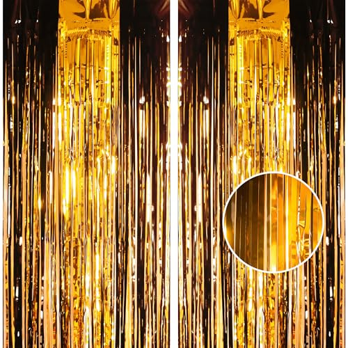 2pcs 3.2 x 8.3ft Glitter Black and Gold Tinsel Curtain Streamers Door Fringe Foil Curtain Backdrop Birthday Party Decorations for Girls Women Hen Do Engagement Graduation Party Decor Banner