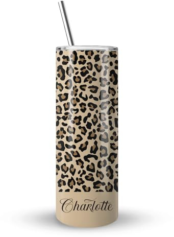 Getagift Personalised Cheetah Print Tumbler Custom Name, Leopard Print, Animal Print, 20 OZ Stainless Steel Skinny Tumbler, Double Walled Vacuum Insulated with Closed Lid and Metal Straw.
