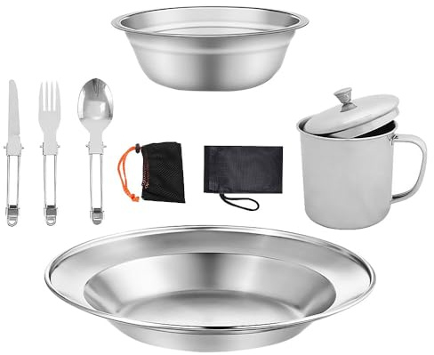 ZOYDP Popote Camping 1 Personne, Kit Vaisselle Camping, Vaisselle Pique Nique Inoxydable, Kit Couvert Camping avec Assiette Tasse Couteau Fourchette Cuillère Sac Rangement pour Voyage Pique-Nique