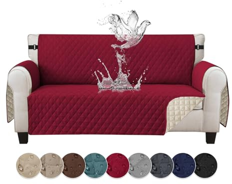 Jaotto Sofabezug 3 Sitzer wasserdichte Sofa Überzug mit Armlehnen Antirutsch Sofaschoner Sofaüberwurf Reversible Gesteppte Couch überzug für Haustiere Katzen Hunde,Weinrot