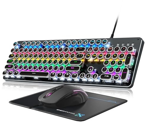 Teclado y mouse mecánicos para juegos de máquina de escribir, teclado retro de panel de metal con interruptor azul redondo, retroiluminación RGB, 104 teclas, teclado con cable antifantasma, combo de