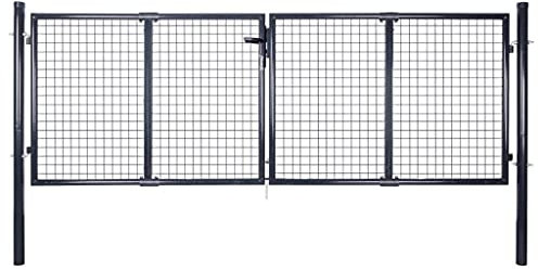 Keyroto Doppeltor Gartentor 289x100 cm Doppelflügel Gartentor Abschließbar Gartentür Zauntor Tür Gartenpforte Pforte Verzinkter Stahl-Grau-289 x 100 cm