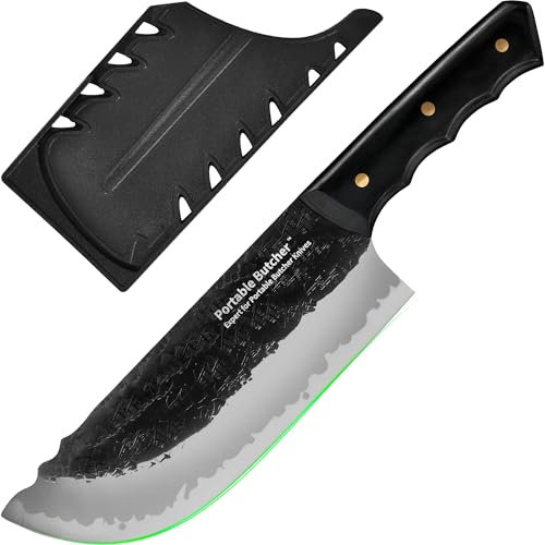 Portable Butcher Japanischer Koch Metzger BBQ Messer mit Schutz, hohe Kohlenstoffstahl Hand geschmiedet Ausbeinen Fleisch Hackmesser mit Messerscheide für Küche, Camping (7.32)