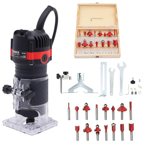 Fresa per legno con valigetta – Strumento compatto per fresatura manuale del legno per taglio preciso e fresatura dei bordi – Fresatrici con 15 pinze per router e potenza 800 W – Fresa con una sola
