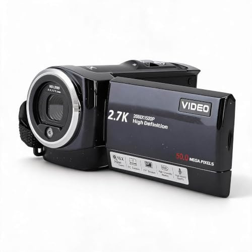 Videokamera Camcorder, 2,7K 50MP 16X Digitalzoom, Vlogging Kamera, 2,8 Zoll Bildschirm mit 270 Grad Drehung, Digitale Videokamera, für Reisen Im Freien
