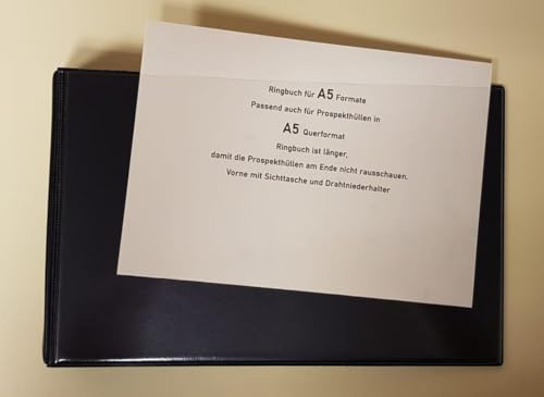 PS-Handelshaus Ringbuch A5 Schwarz Querformat Ordner Brilliant | A5 Ordner Brilliant in Schwarz mit praktischem Drahtniederhalter & transparenter Sichttasche auf der Vorderseite.