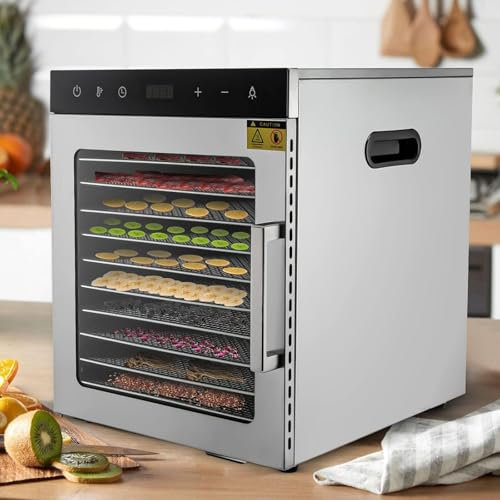 Kindevieft Essiccatore per Alimenti, Essiccatore A 10 Vassoi in Acciaio Inossidabile per Alimenti E Carne Secca, Erbe, Frutta, Macchina Essiccata con Timer Digitale E Controllo della Temperatura