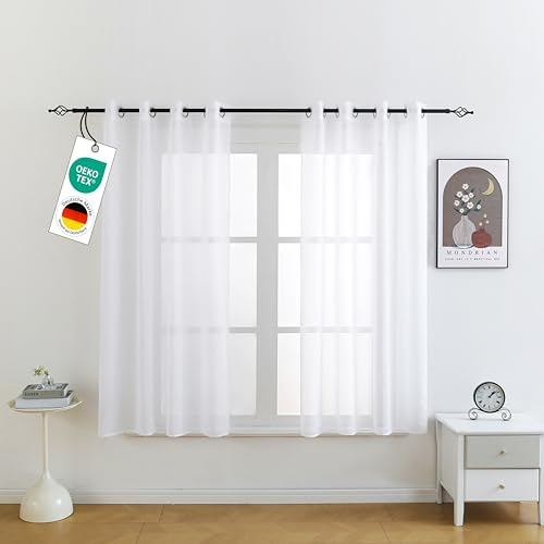 Emilie-Textil 2er Set Vorhänge mit Ösen, Oeko-TEX Zertifiziert, Transparente Gardinen aus Voile Polyester Ösenschal Transparent Wohnzimmer Luftig Dekoschal in leinen Optik Top Weiß