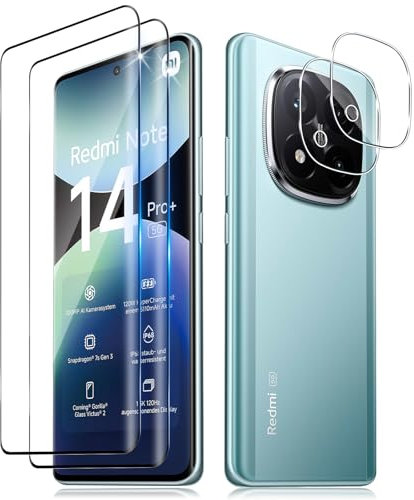 Funrae Protector de Pantalla para Xiaomi Redmi Note 14 Pro Plus / 14 Pro+ 5G y Protector de Lente de Cámara [2+2 PCS], 9H Dureza, Anti-Arañazos, HD Vidrio Templado, 3D Cristal Templado - Transparente