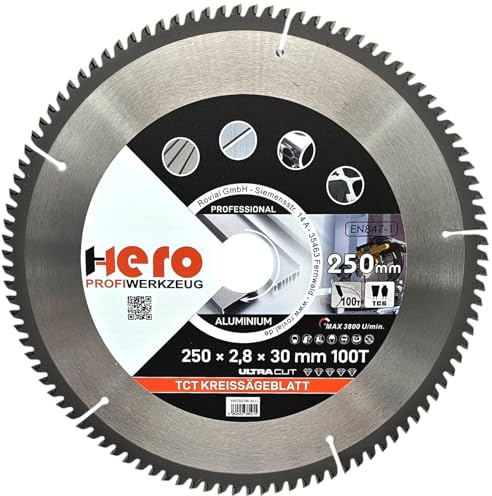HERO Kreissägeblatt Hartmetall Sägeblatt TCT Ersatzsägeblatt Sägeblätter Kreissäge Holz/ALU Kreissägeblätter Tischkreissäge, Kappsäge (Für Aluminium, Ø 250 x 30/20mm, 100T)
