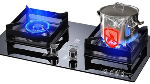 Gaziniere Gaz, Cuisinière À Gaz Intégrée En Verre Noir À 2 Brûleurs, Cuisinière De Cuisine Double Brûleur Avec Fonction Minuterie, Table De Cuisson À Gaz Facile À Nettoyer À Double Combustible(LPG)