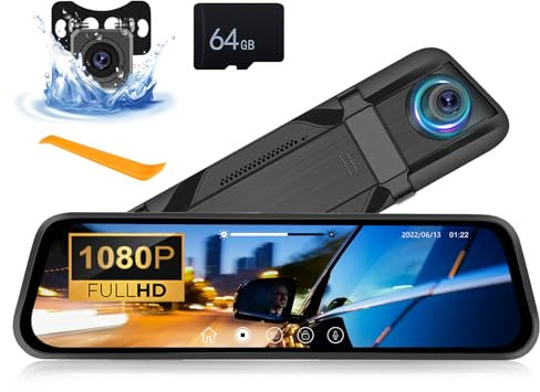 OiLiehu 9.66 1080P Mirror Dash Cam, LCD Touch Screen Smart Rear View Mirror Camera, Dash Cam Front and Rear for Cars and Trucks, Night Vision, Reverse Assist, G-sensor, Loop Record, 64G Card