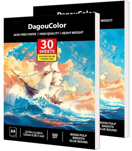 DagouColor Carnet Aquarelle, A4, 2 Pack, 30 Feuilles Aquarelle Carnets de Dessin, 300gsm Sans Acide Livre Pour Artistes Adultes