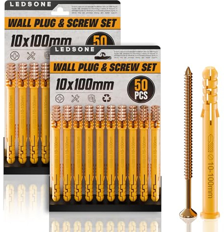 LEDSone 50pcs X 2Pack Wall Plugs and Screw 10 x 100mm Set Anchor Bolt for Masonry Brick Concrete Heavy Duty Brick Concrete Fixings Plug screws for Mounting TV