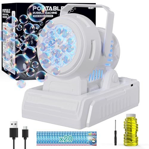 Babuloo Bubble Machine Adjustable Angle, 10 Big Holes Automatic Bubble Making Toy for Kids 20000+ Big Bubbles with Solution/Lights, Portable Outdoor Bubble Blower for Garden Party Wedding-White