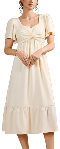 Zoifada Sommarklänning för dam - vit klänning med fyrkantig halsringning, twist-effekt och kort ärm, Midi-klänning, empire-midja, A-linje med veck och fransar, Beige färg, XL