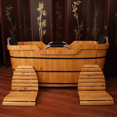 TT-YEC 2 Person Freestanding Solid Wood Bathtub with Fixed Headrest And Inner Stool, Handmade Natural Wood Deep Soaking Tub with Pop-Up Drain, Traditional Wood Bathtub for Home Spa,L150CM