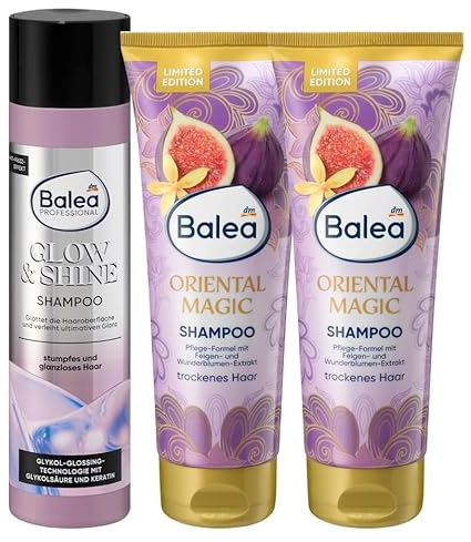 Balea 3er-Set Haarpflege: Professional Shampoo Glow & Shine Glanzshampoo mit Anti-Frizz-Effekt, 250 ml + Shampoo Oriental Magic sanfte Reinigung, Geschmeidigkeit, natürlicher Glanz, 2 x 250 ml (750ml)