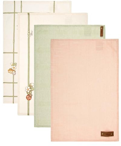 THUN Set 4 strofinacci con scatola in legno, 100% cotone, Collezione Country Bloom, scatola 40 x 60 cm; strofinaccio 60 x 100 cm