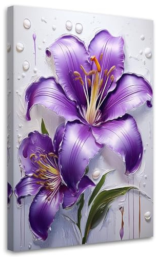Feeby Wandbilder - Bilder Schlafzimmer - Lilie Blume Lila Gemalte - 40x60 1tlg - Wohnzimmer Bild Groß - Wohnungs - Foto Geschenk - Leinwand Wall Art - Wand Deko
