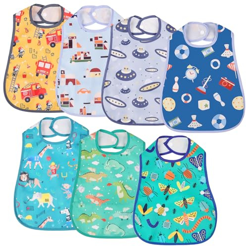 Aolso Baby Feeding Bibs, 7pcs Waterproof Weaning Bandana with Large Pocket for Drool and Food, Suitable for Toddler Infant Kids (Boy-B)