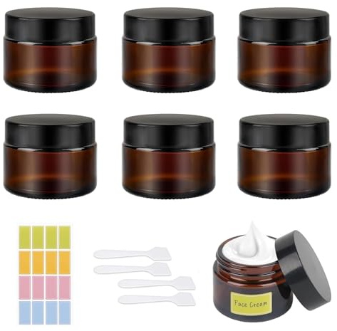 50ml Amber Glass Jars 8Pcs - Cosmetic Jars with Lids Lotion Container, Empty Glass Pots Face Cream Lotion Storage Jar for Make Up, Sample, Travel Use
