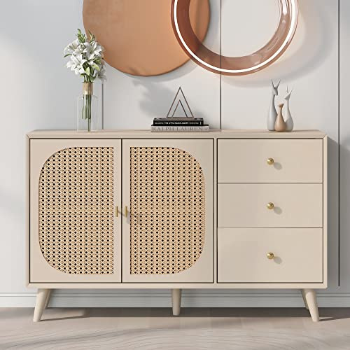 Merax Rattan Sideboard Kommode mit 2 Rattantüren und 3 Schubladen, Sideboard Holz Küchenschrank Buffet mit Metallgriffe, Eiche/120x40x82.5cm