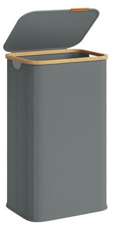 SONGMICS Laundry Basket with Lid, Laundry Hamper, Oxford Fabric, Foldable, Bamboo Frame, for Bedroom, Living Room, 26.4 Gal. (100 L), 42 x 32 x 70.5 cm, Slate Grey LCB518GN01