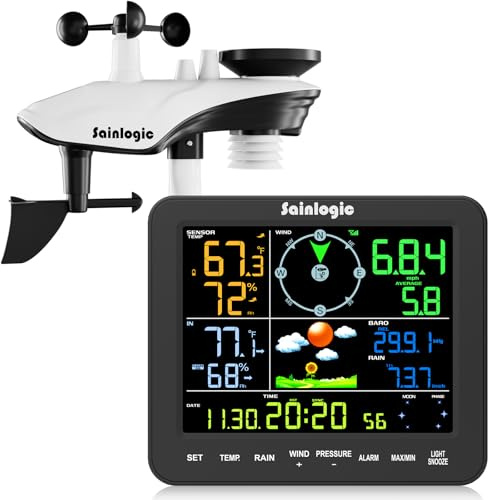 Sainlogic SA8 Home Weather Station with Rain Gauge and Wind Speed, Weather Stations Wireless Indoor Outdoor with Rain Gauge Outdoor, Forecast, Temperature, Humidity, Moon Phase, Alarm Clock(No WiFi)