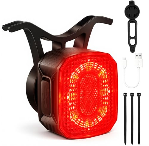 Ainiv Luci Posteriori per Bici, IPX6, USB Ricaricabile, 6 Modalità, Rilevamento dei Freni, Supporti a Sgancio Rapido per Sella & Reggisella, ON/OFF Automatico per Bici da Strada e Mountain Bike-Piazza