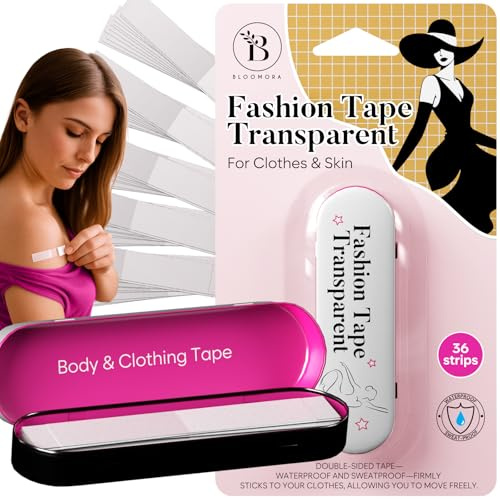 Fashion Tape X Metal Box Nastro Biadesivo per Tessuti e Corpo, Abiti | 36 Strisce 7,6 X 1,3 CM, Body Impermeabile per Vestiti Scollati, Spalline e Orli, Scatola di Metallo - Trasparenti