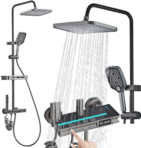 Duschkopf Set, Duschbrause Regendusche mit LED Thermostat 30 X 20cm, 3 Strahlarten Duschkopf Handdusche Set Zusatzdüse und Armatur, Einstellbare Duschsäule mit Stimmungslicht Höhe verstellbar 75-110cm