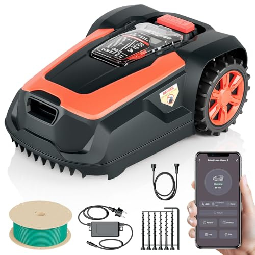 OKAYBOT M1 Robot Tondeuse avec Câble Périphérique Jusqu’à 1400 m², Tondeuse Robot Automatique, Hauteur de Coupe 25–65 mm, Pente Jusqu’à 47%, Largeur de Coupe 22 cm, Contrôle Via App et Bluetooth