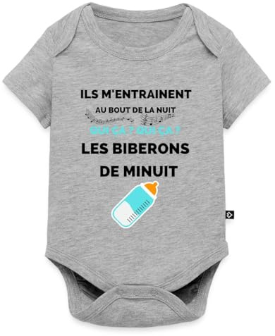 Spreadshirt Biberons de Minuit Humour Naissance Drôle Cadeau Original Body Manches Courtes Bébé Bio, 68 (3-6 mois), gris chiné