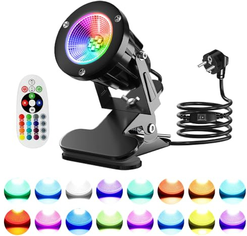 Jonuin LED Spot Klemmstrahler mit Fernbedienung, 6W COB LED Klemmlampe Strahler, 3M Kabel, IP65 Wasserdicht, Spotlight für Innen & Außen, Pflanzen, Terrasse, Rasen, 15 RGB-Lichter + Warmweiß