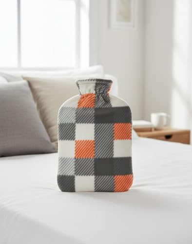 2L Hot Water Bottle with Super Soft Fleece Cover Premium Natural Rubber for Pain Relief, Back & Neck Comfort Large 2 Litre Classic Bed Warmer Removable & Washable Cozy Cover (Cream & Orange Plaid)