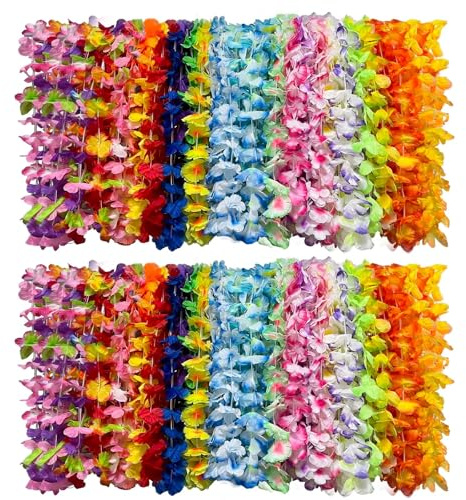 Bszatan 100 PCS Hawaiian Flower Garlands, Hawaiian Leis Bulk, Tropical Silk Flower Lei Hawaiian Necklace Lei for Beach Luau Party Favors Decoration Birthday Party Supplies