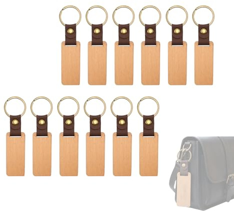 Porte-Clés en Bois Naturel Vierge 12 Pièces avec Bande de Cuir - Idéaux pour le Bricolage, la Gravure et la Peinture - Cadeaux Artisanaux Personnalisés