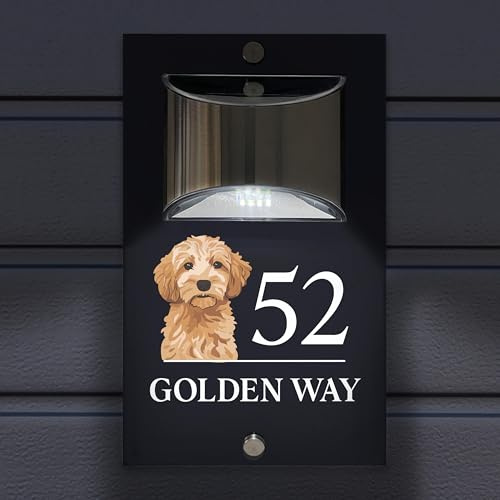 Targa Numero Civico Solare LED Personalizzata con Cane, Targa Indirizzo Esterno Impermeabile Stampa UV, Numero Civico Luminoso con Installazione con Viti o Adesivo per Porta Giardino (Stile 7)