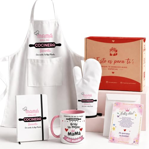 Kembilove® Pack Regalo Mamá Personalizado con Nombre – Kit Mamá Cocinera con Taza, Delantal, Manopla y Recetario – Regalo Original para Madre, Día de la Madre, Cumpleaños – Caja Regalo