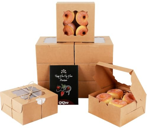 Gcardist 100 Stück Braune Bäckereischachteln mit Sichtfenster 15,24 x 15,24 x 7,62 cm Macaron-Schachteln kleine Donut-und Gebäckboxen für Partys Mini-Keksdosen (6 x 6 x 3)