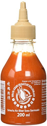 FLYING GOOSE Sriracha scharfe Chilisauce mit extra Knoblauch - scharf, braune Kappe, Würzsauce aus Thailand, 4er Pack (4 x 200 ml)