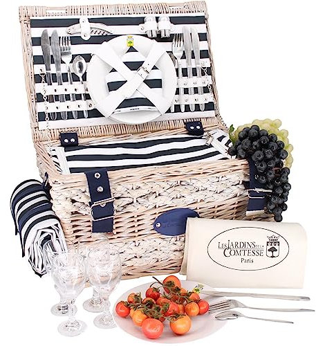 Les Jardins de la Comtesse - Picknickkorb Marine - Komplett/4 Personen - Kühlfach - Keramikteller und Weingläsern/Einer Wasserdichten Tischdecke - Gestreifter Stoff blau und weiß - 45 x 31 x 24 cm