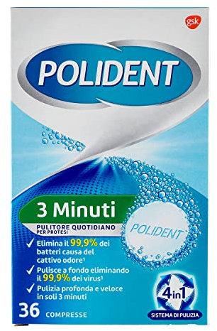 Polident 3 Minuti, Pulitore Quotidiano per Igiene della Protesi Dentale, Pulizia Profonda, 36 Compresse