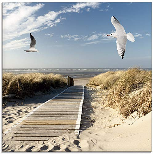 ARTland Wanddeko Glasbilder Wandbild Glas Bild einteilig 40x40 cm Quadratisch Strand Meer Nordsee Küste Möwen Himmel Steg Natur Landschaft Dünen T9NJ