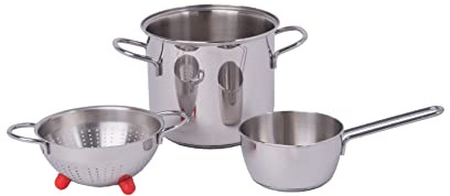 Barazzoni I Piccinini Set da Cucina, Pentola ø16cm, Casseruola Conica manico lungo ø12cm, Colapasta ø14cm con piedini di colore Rosso, Acciaio inox 18/10, Made in Italy