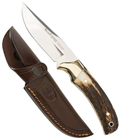 Muela Cuchillo SETTER-11A hoja de acero ACX-380 de 11 cm y empuñadura de asta de ciervo para Caza, Pesca, Supervivencia y Bushcraft Realizado en Ciudad Real + Portabotellas de regalo